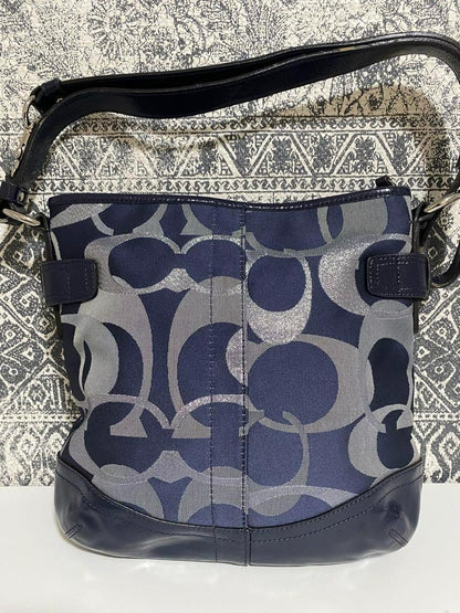 COACH Shoulder Bag Purse Signature Canvas Patent Leather Navy Authentic