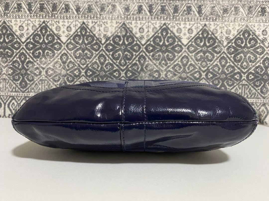 COACH Shoulder Bag Purse Signature Canvas Patent Leather Navy Authentic