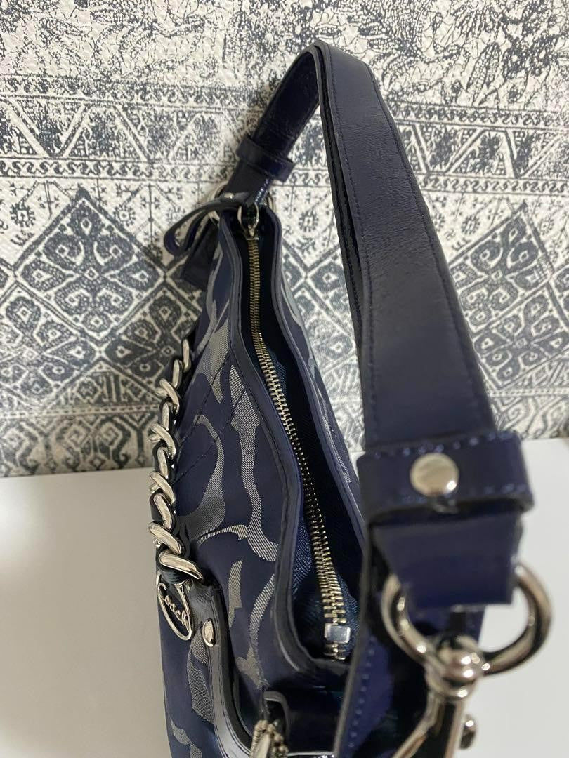 COACH Shoulder Bag Purse Signature Canvas Patent Leather Navy Authentic