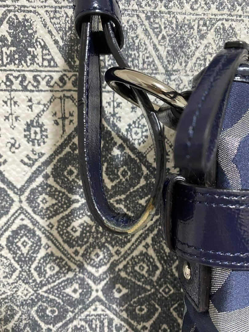 COACH Shoulder Bag Purse Signature Canvas Patent Leather Navy Authentic