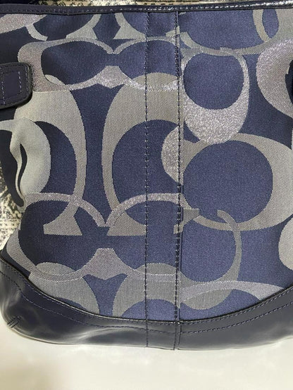 COACH Shoulder Bag Purse Signature Canvas Patent Leather Navy Authentic