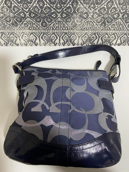COACH Shoulder Bag Purse Signature Canvas Patent Leather Navy Authentic