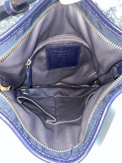 COACH Shoulder Bag Purse Signature Canvas Patent Leather Navy Authentic