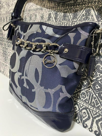 COACH Shoulder Bag Purse Signature Canvas Patent Leather Navy Authentic