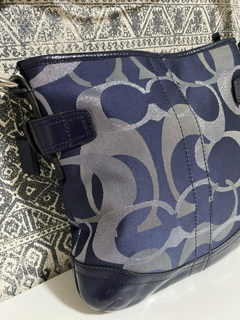 COACH Shoulder Bag Purse Signature Canvas Patent Leather Navy Authentic