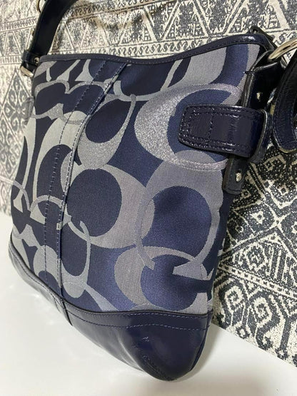 COACH Shoulder Bag Purse Signature Canvas Patent Leather Navy Authentic