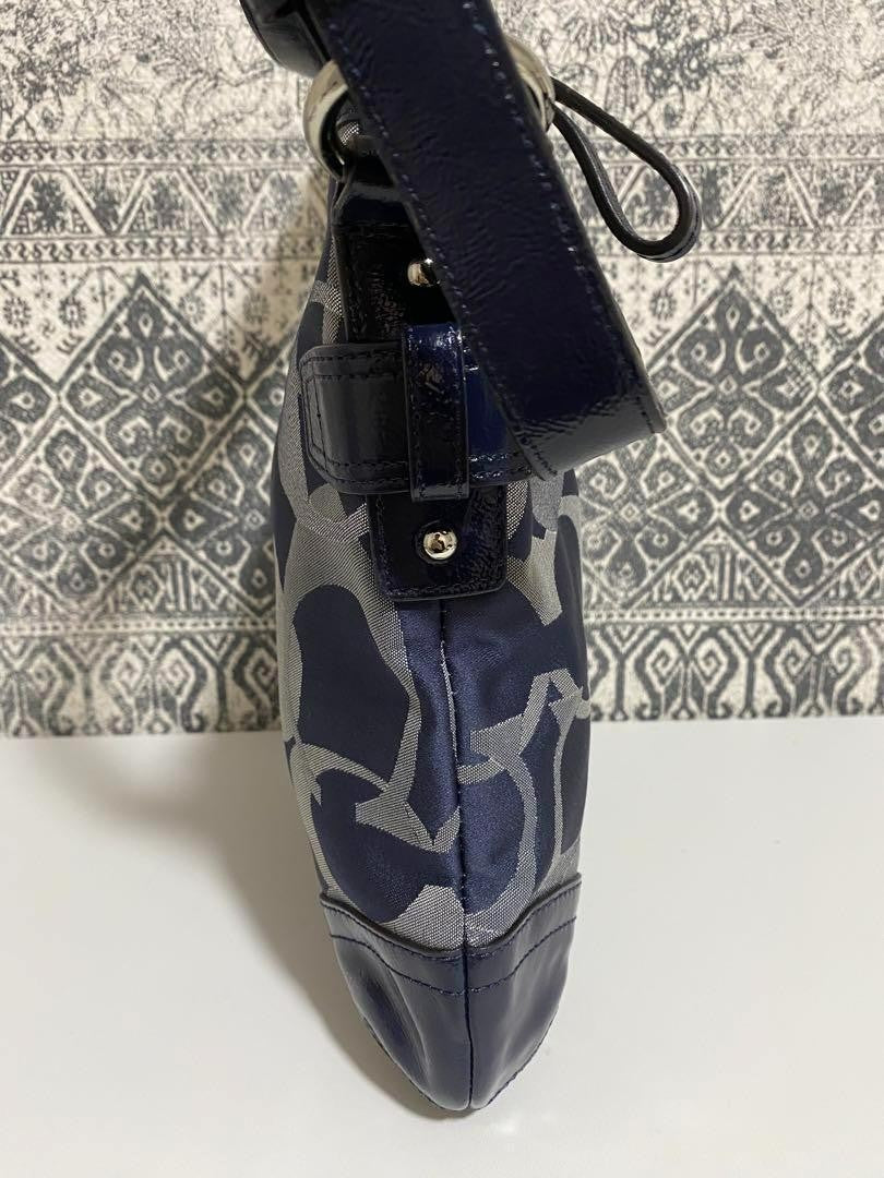 COACH Shoulder Bag Purse Signature Canvas Patent Leather Navy Authentic