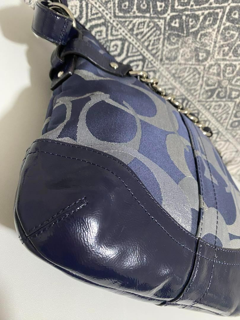 COACH Shoulder Bag Purse Signature Canvas Patent Leather Navy Authentic