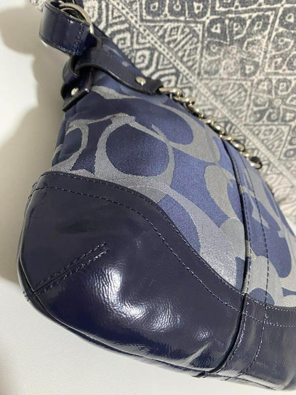 COACH Shoulder Bag Purse Signature Canvas Patent Leather Navy Authentic