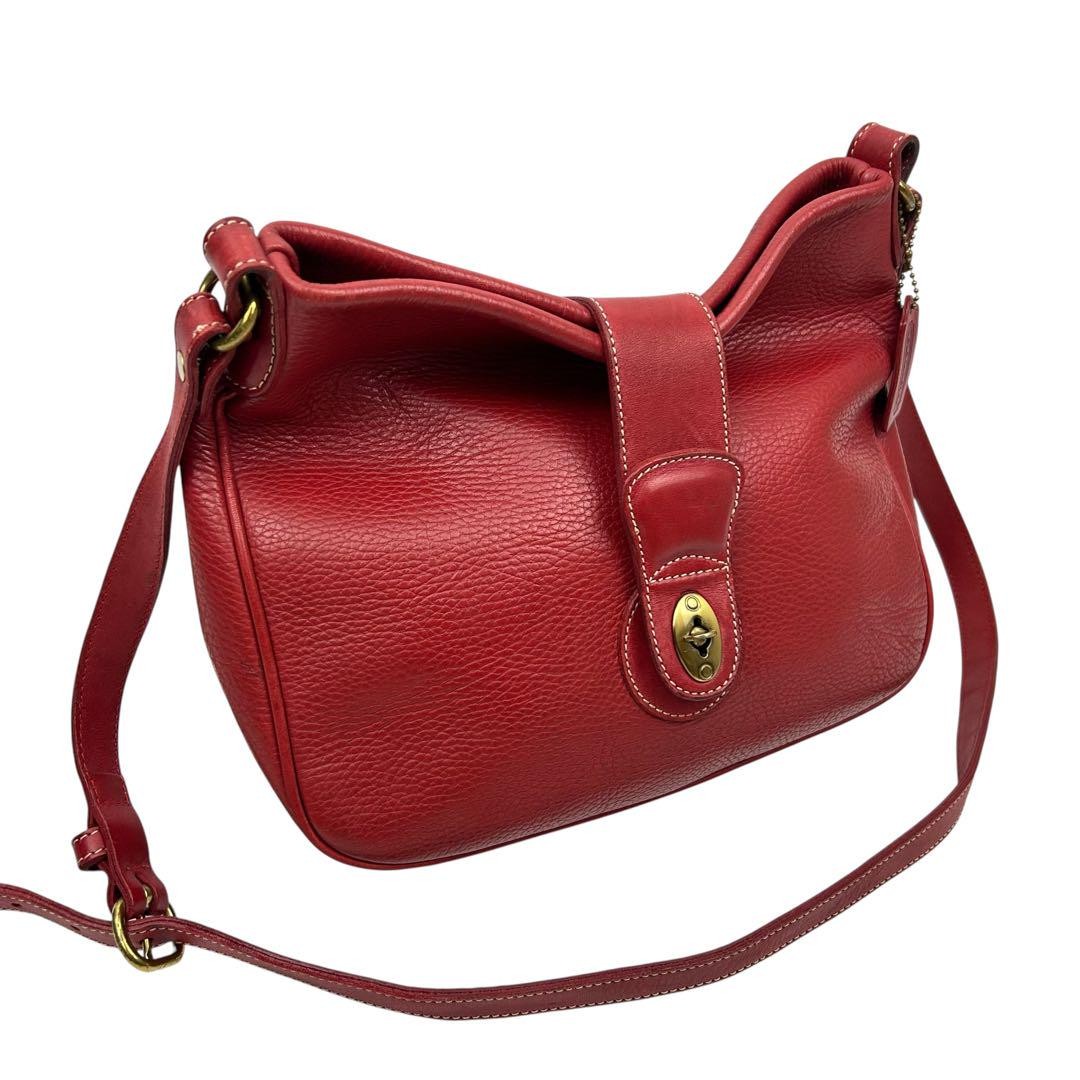 COACH Shoulder Bag Purse Turn Lock OLD Leather Red Authentic