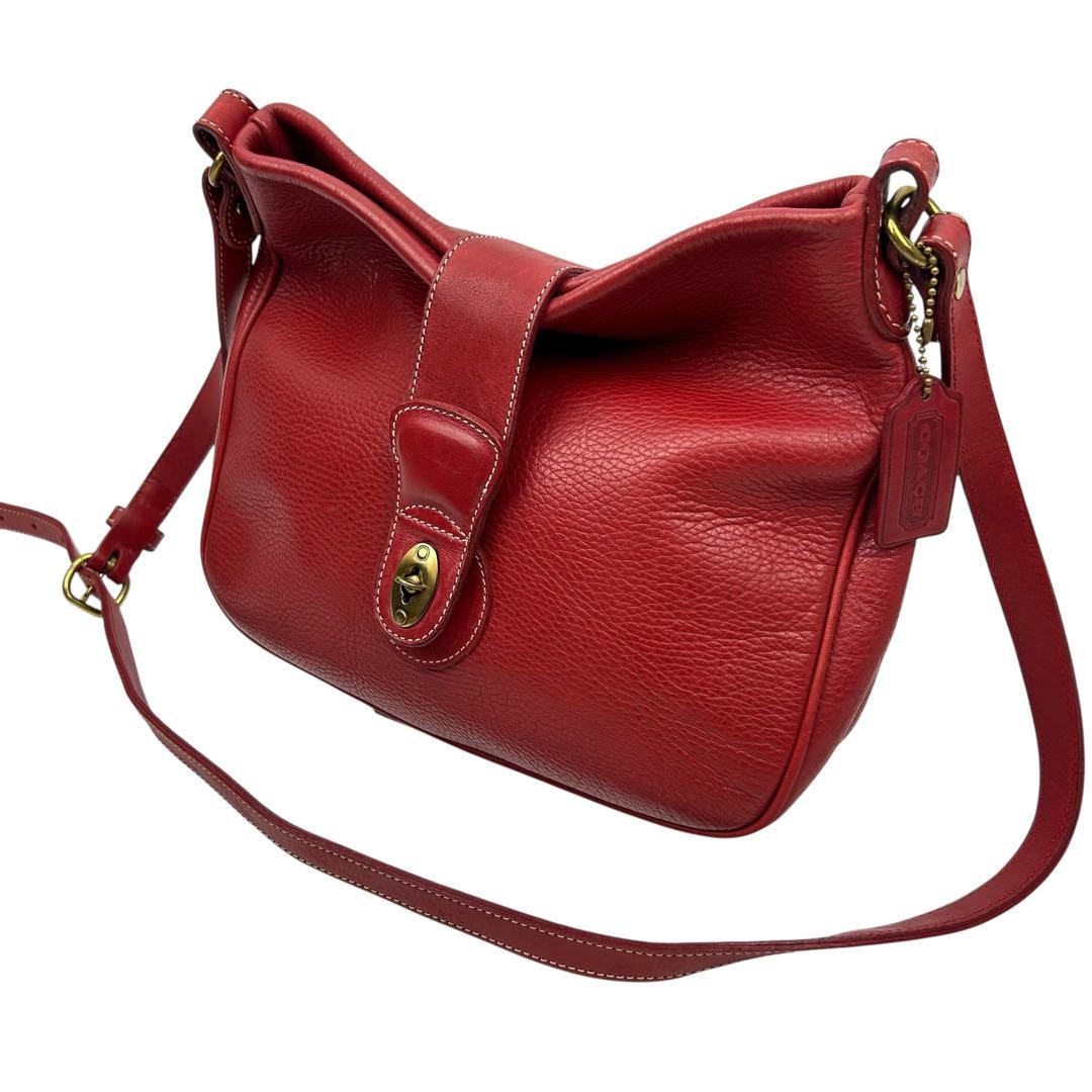 COACH Shoulder Bag Purse Turn Lock OLD Leather Red Authentic