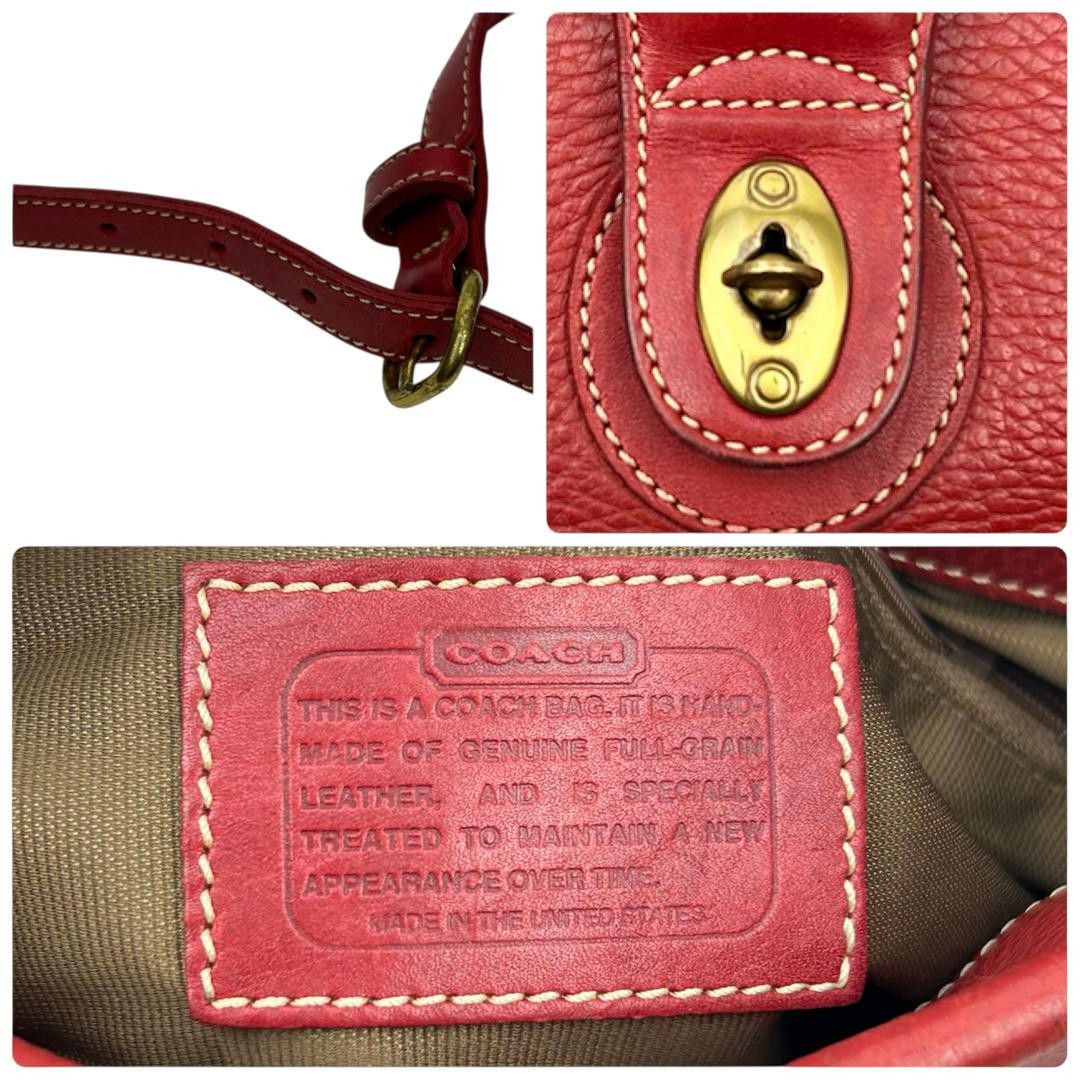 COACH Shoulder Bag Purse Turn Lock OLD Leather Red Authentic