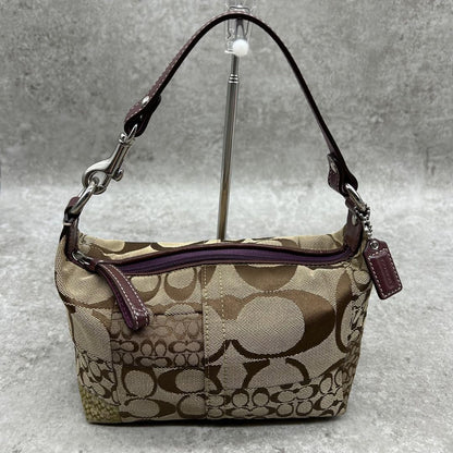 COACH Accessory Pouch Hand Bag Tote Purse Signature Canvas Leather Brown Auth