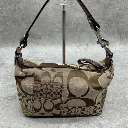 COACH Accessory Pouch Hand Bag Tote Purse Signature Canvas Leather Brown Auth