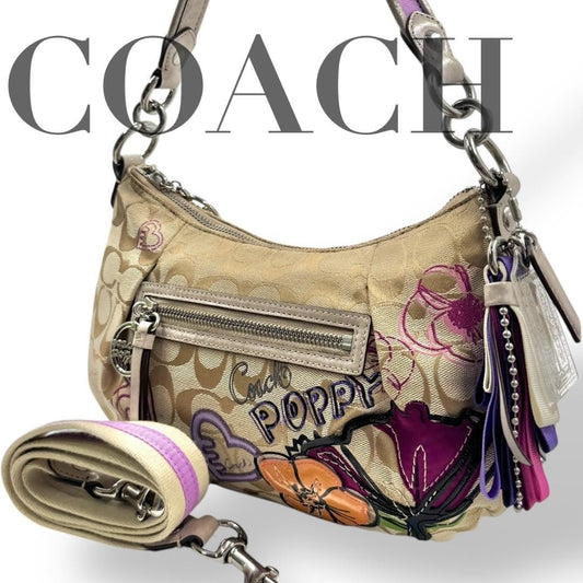 COACH Shoulder Bag Purse Signature Canvas Beige Authentic