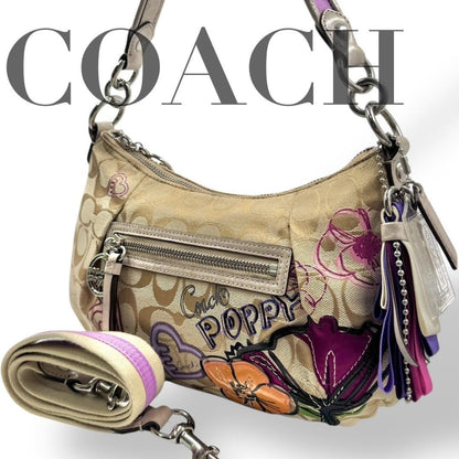 COACH Shoulder Bag Purse Signature Canvas Beige Authentic