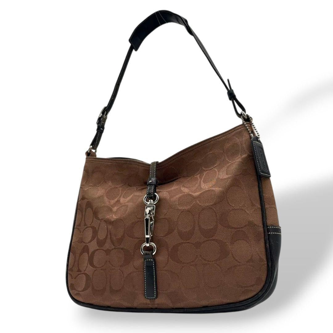 COACH Shoulder Bag Purse Signature Canvas Leather Brown Black Authentic