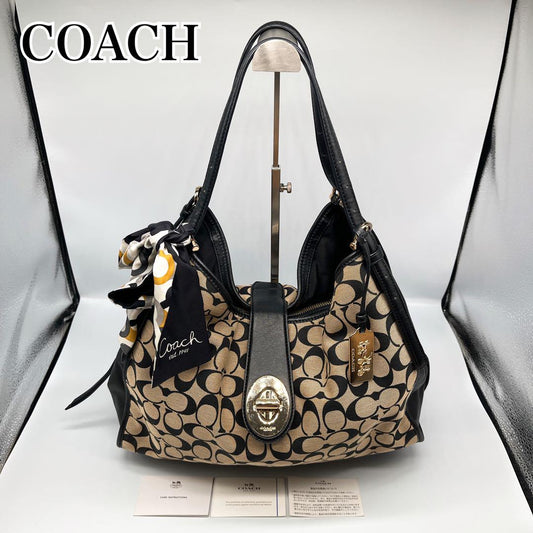 COACH Hand Bag Tote Purse Signature Canvas Leather Beige Black Authentic