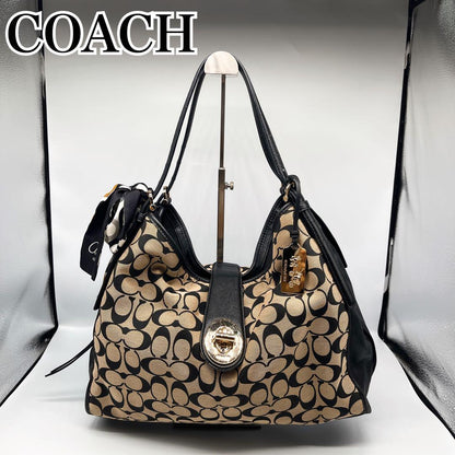 COACH Hand Bag Tote Purse Signature Canvas Leather Beige Black Authentic