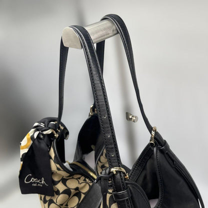 COACH Hand Bag Tote Purse Signature Canvas Leather Beige Black Authentic