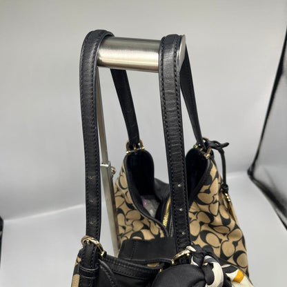 COACH Hand Bag Tote Purse Signature Canvas Leather Beige Black Authentic