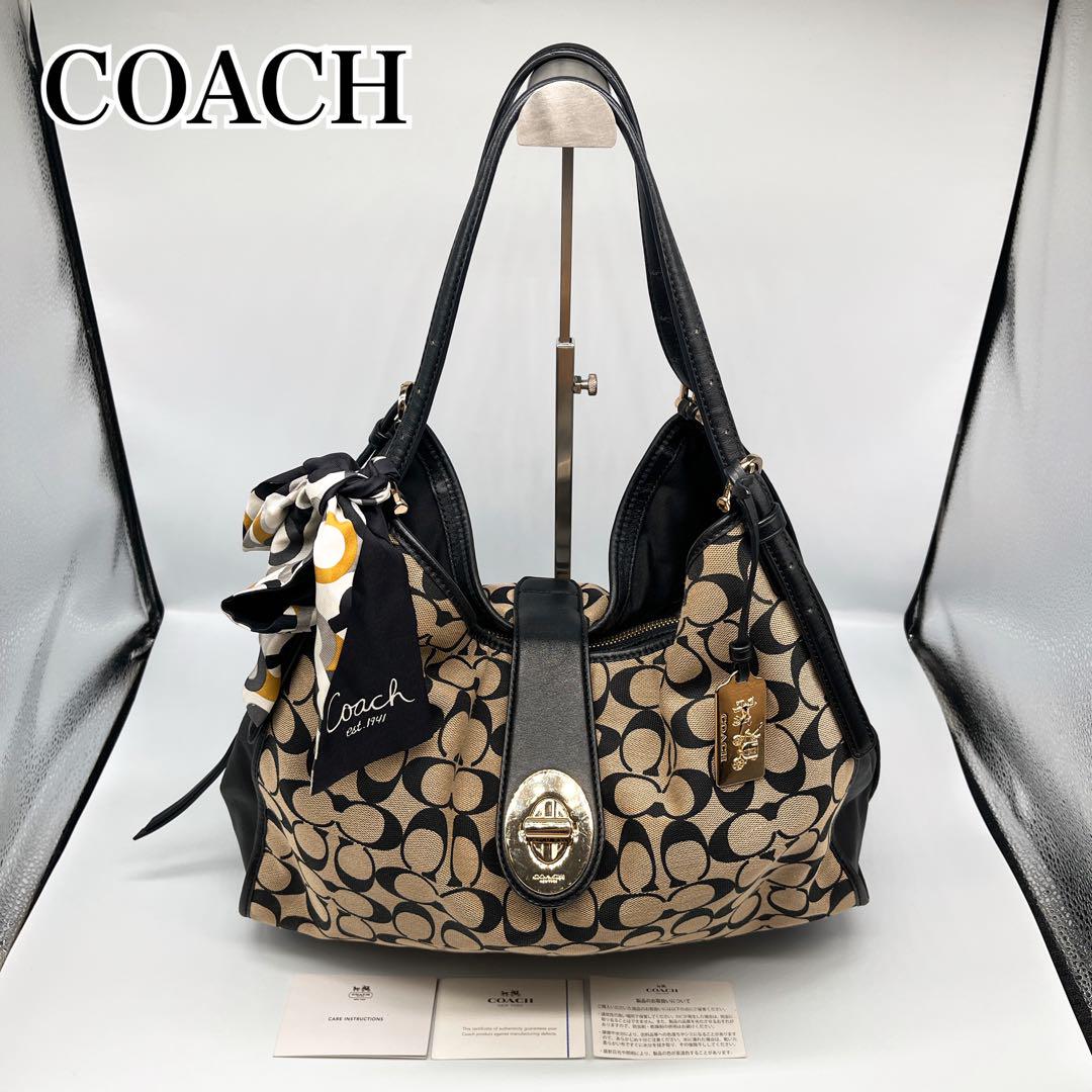 COACH Hand Bag Tote Purse Signature Canvas Leather Beige Black Authentic