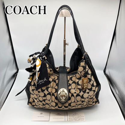 COACH Hand Bag Tote Purse Signature Canvas Leather Beige Black Authentic