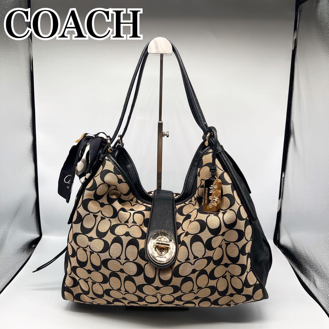 COACH Hand Bag Tote Purse Signature Canvas Leather Beige Black Authentic