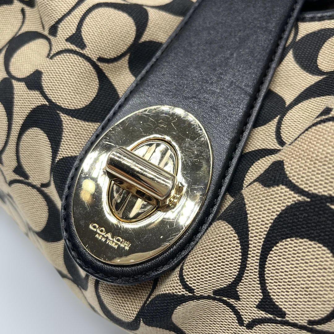 COACH Hand Bag Tote Purse Signature Canvas Leather Beige Black Authentic