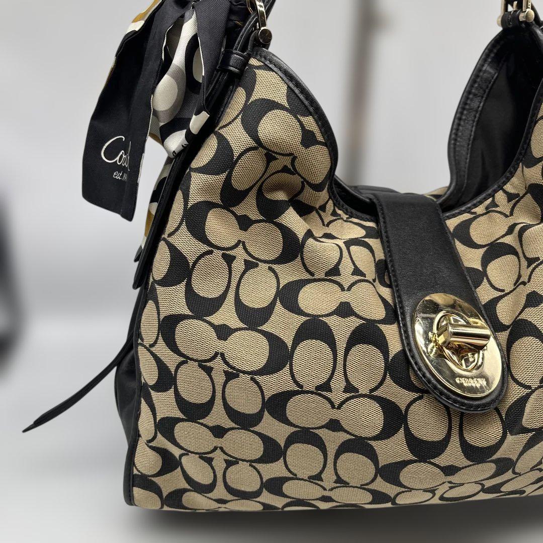 COACH Hand Bag Tote Purse Signature Canvas Leather Beige Black Authentic