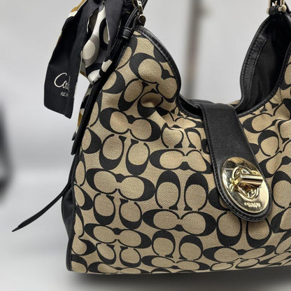 COACH Hand Bag Tote Purse Signature Canvas Leather Beige Black Authentic