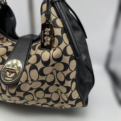 COACH Hand Bag Tote Purse Signature Canvas Leather Beige Black Authentic