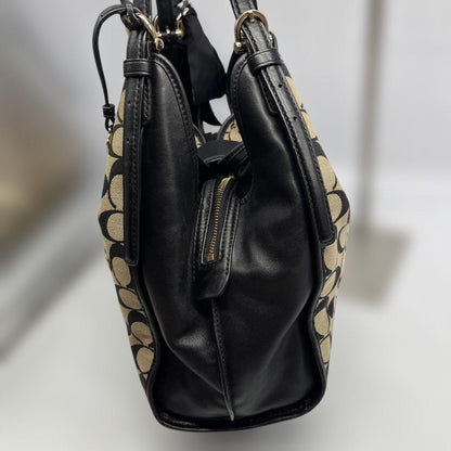 COACH Hand Bag Tote Purse Signature Canvas Leather Beige Black Authentic