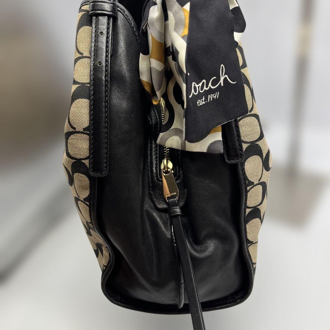 COACH Hand Bag Tote Purse Signature Canvas Leather Beige Black Authentic