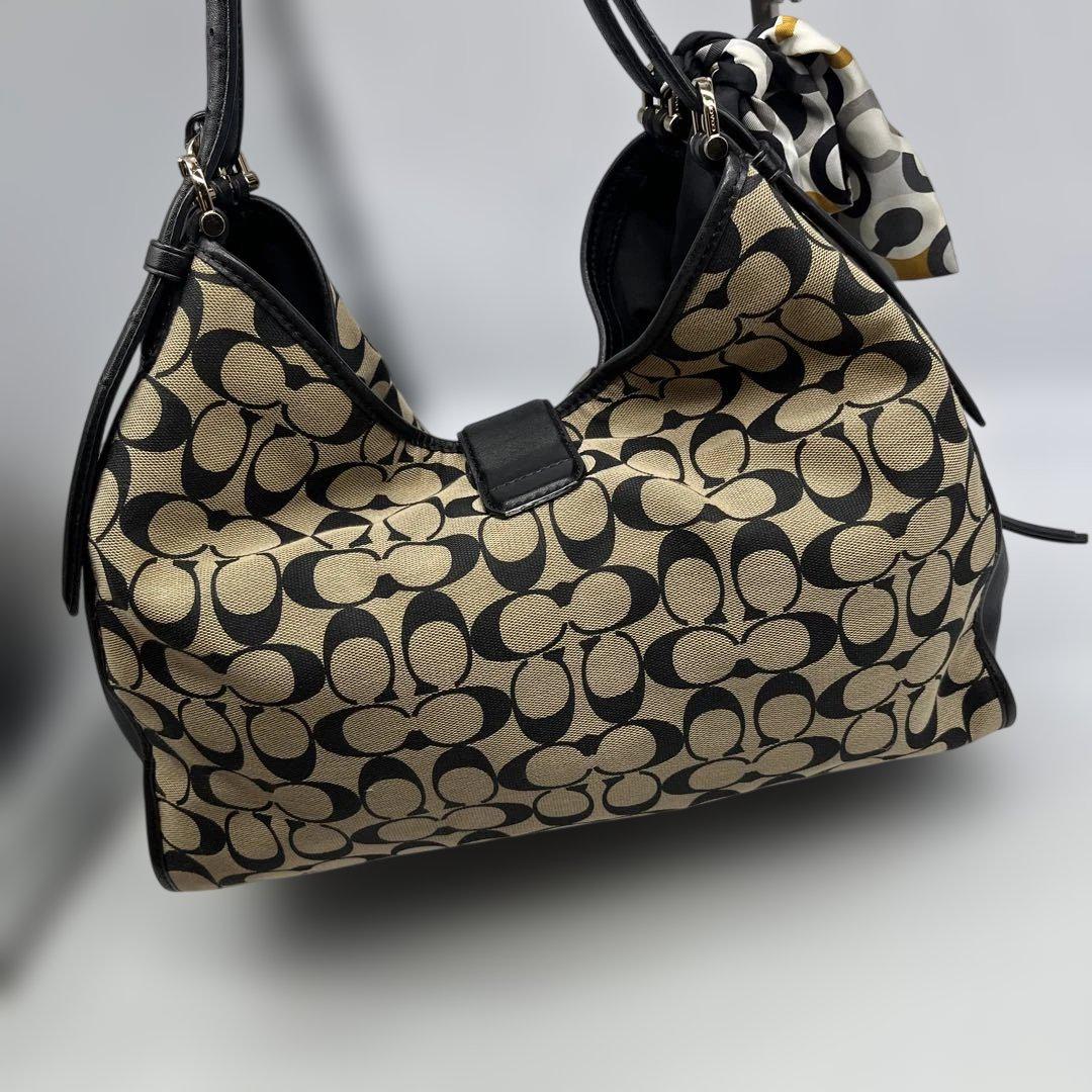 COACH Hand Bag Tote Purse Signature Canvas Leather Beige Black Authentic