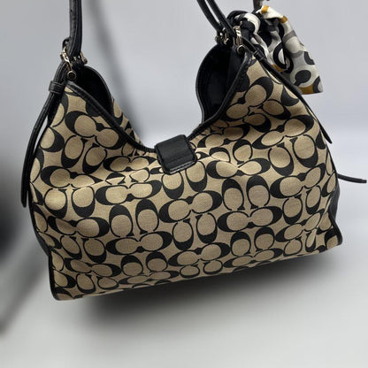 COACH Hand Bag Tote Purse Signature Canvas Leather Beige Black Authentic