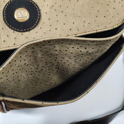 Valentino Garavani Shoulder Bag Purse Logo Leather Beige Gold Authentic