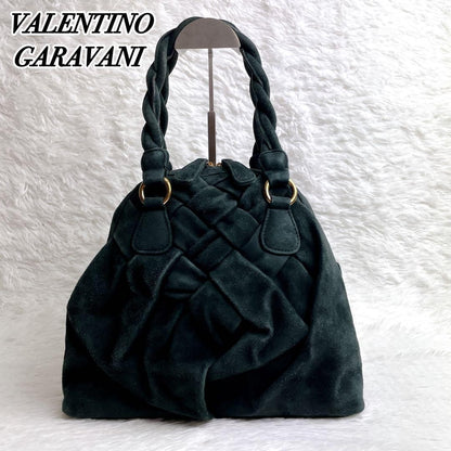 Valentino Garavani Hand Bag Tote Purse Suede Velour Leather Green Authentic