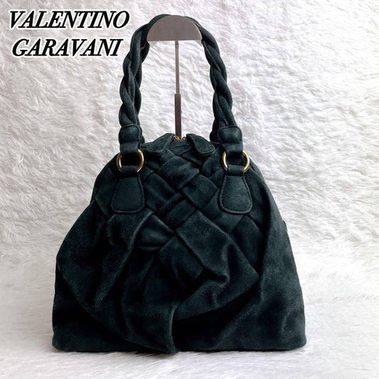 Valentino Garavani Hand Bag Tote Purse Suede Velour Leather Green Authentic