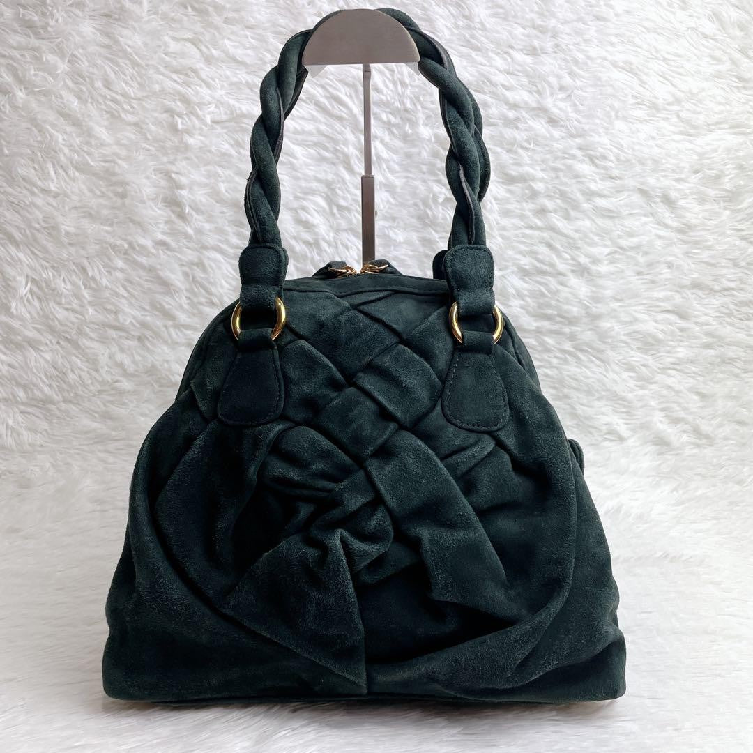 Valentino Garavani Hand Bag Tote Purse Suede Velour Leather Green Authentic