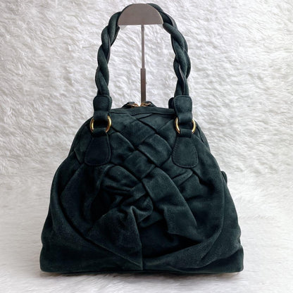 Valentino Garavani Hand Bag Tote Purse Suede Velour Leather Green Authentic