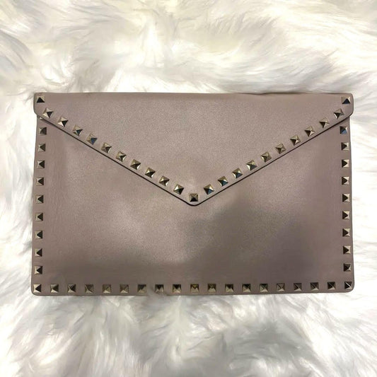 Valentino Clutch Bag Second Bag Studs Pink Beige Greige Authentic