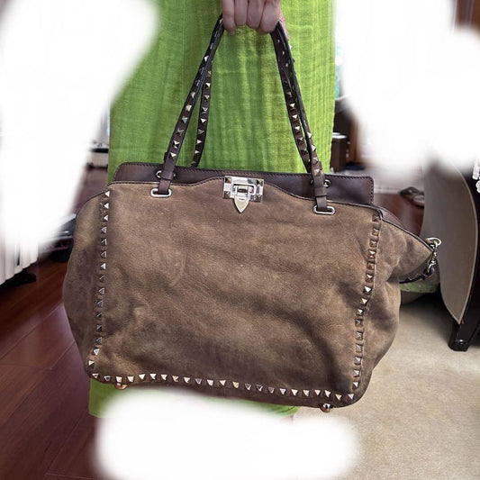 Valentino Hand Bag Tote Purse Studs Suede Brown Authentic