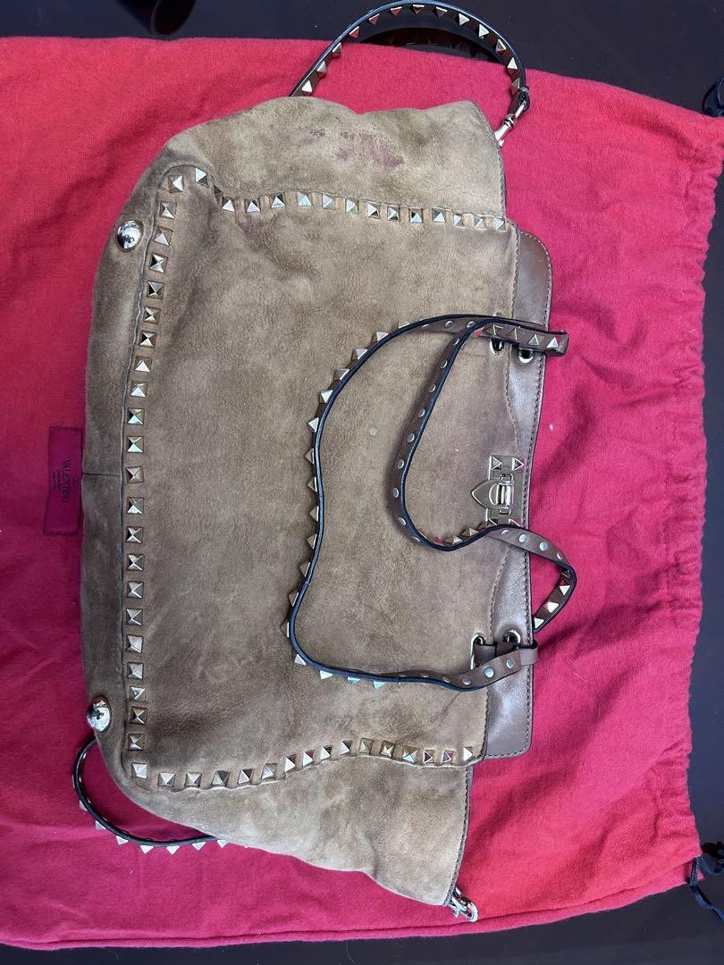 Valentino Hand Bag Tote Purse Studs Suede Brown Authentic