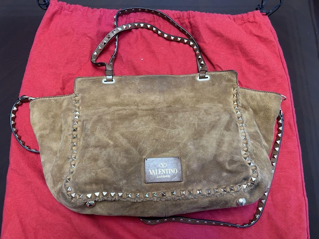 Valentino Hand Bag Tote Purse Studs Suede Brown Authentic