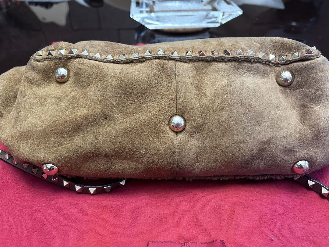 Valentino Hand Bag Tote Purse Studs Suede Brown Authentic