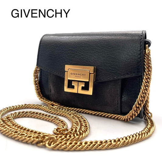 GIVENCHY Shoulder Bag Purse Chain Leather Suede Black Authentic