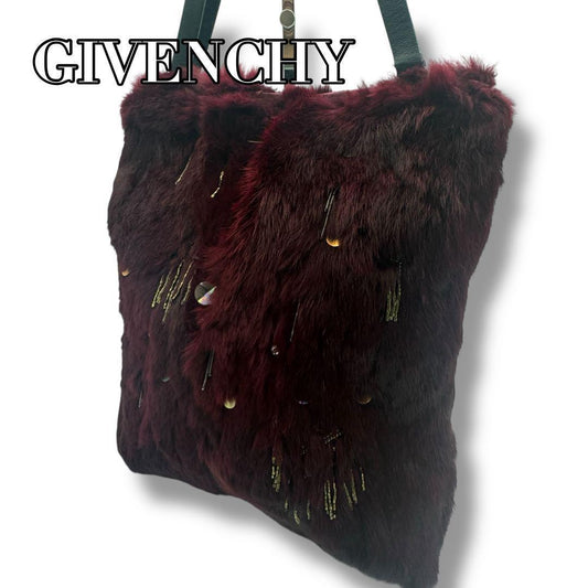 GIVENCHY Hand Bag Tote Purse Jeweled Tote Rabbit Fur Trim Purple Black Authentic