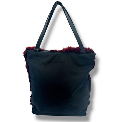 GIVENCHY Hand Bag Tote Purse Jeweled Tote Rabbit Fur Trim Purple Black Authentic