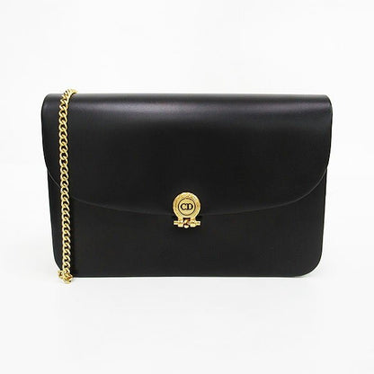 Christian Dior Shoulder Bag Purse CD Chain Leather Black Authentic